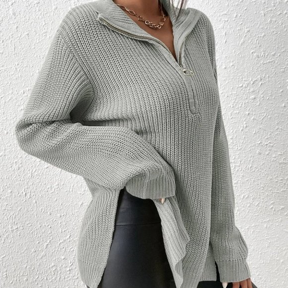 Casual zipper detailed Split Hem Sweater gray - Picture 2 of 5